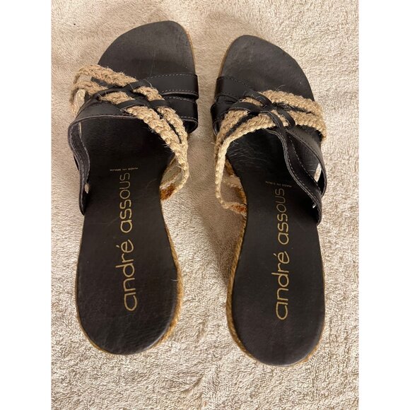 André Assous Women's Espadrille Wedge Sandals Size 7 Black & Natural Leather - Picture 5 of 11
